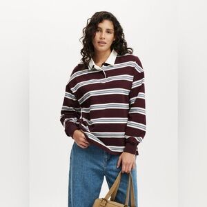 Striped Maroon and White Women's Polo Top